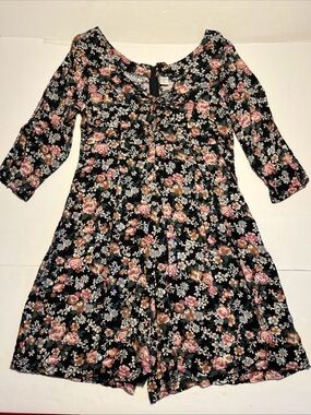 Vintage 90s Black Floral Romper 3/4 Sleeves Lace Up Front